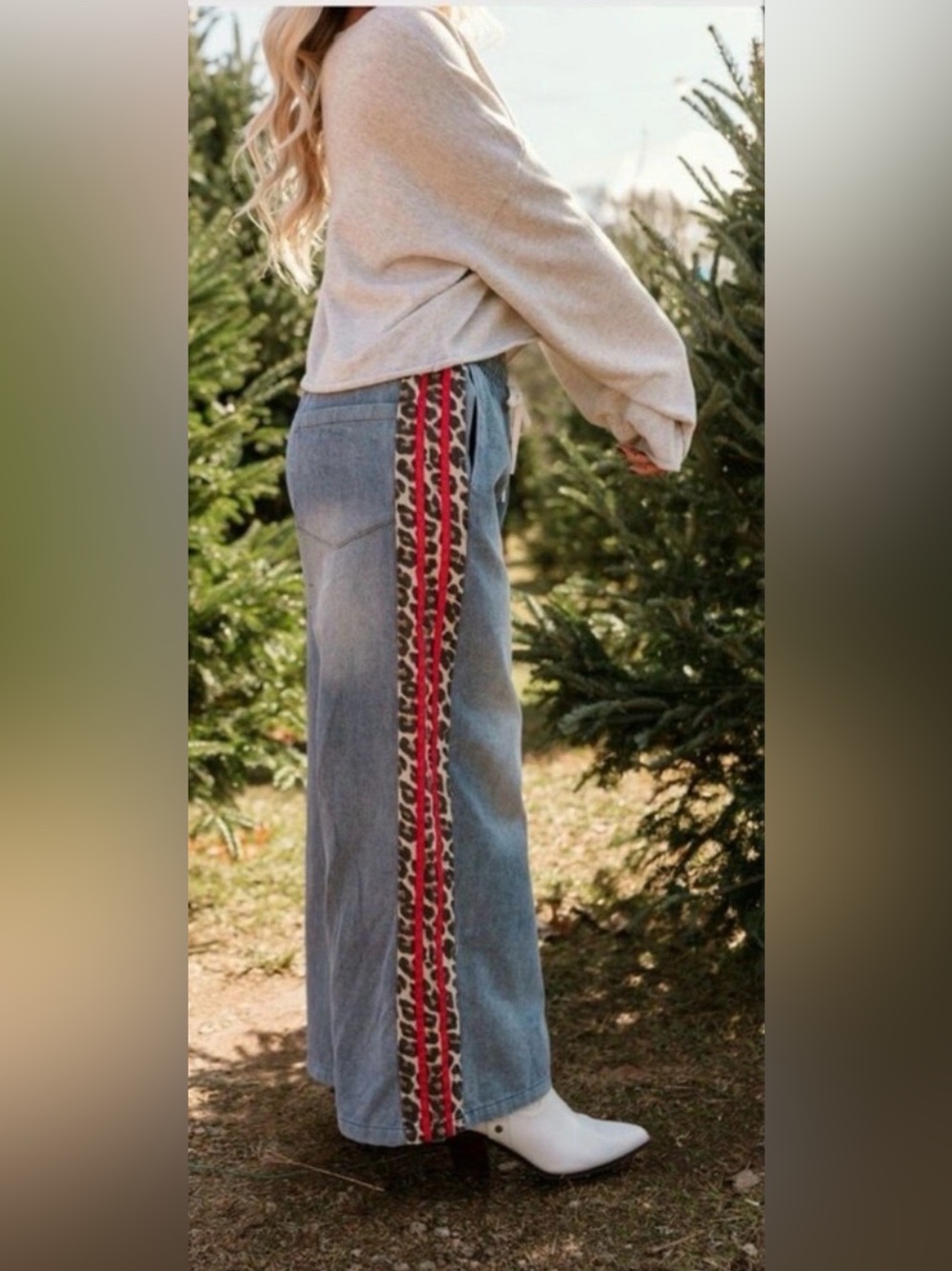 JODIFL Sideview Wide Leg Leopard Stripe Drawstring Square Pocket Jeans